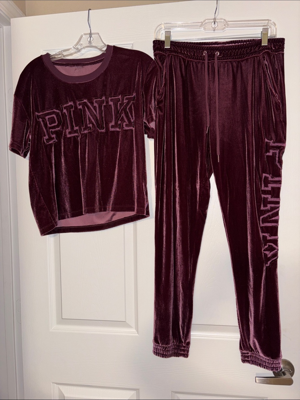 PINK Victoria's Secret Velour Pajama Set in Deep Burgundy